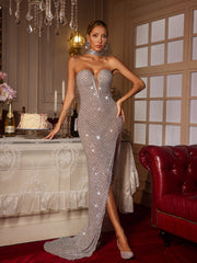 Robe longue bustier fendue ornée de strass 