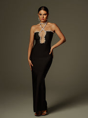 Robe longue bustier à strass et col licou 