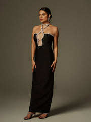 Robe longue bustier à strass et col licou 