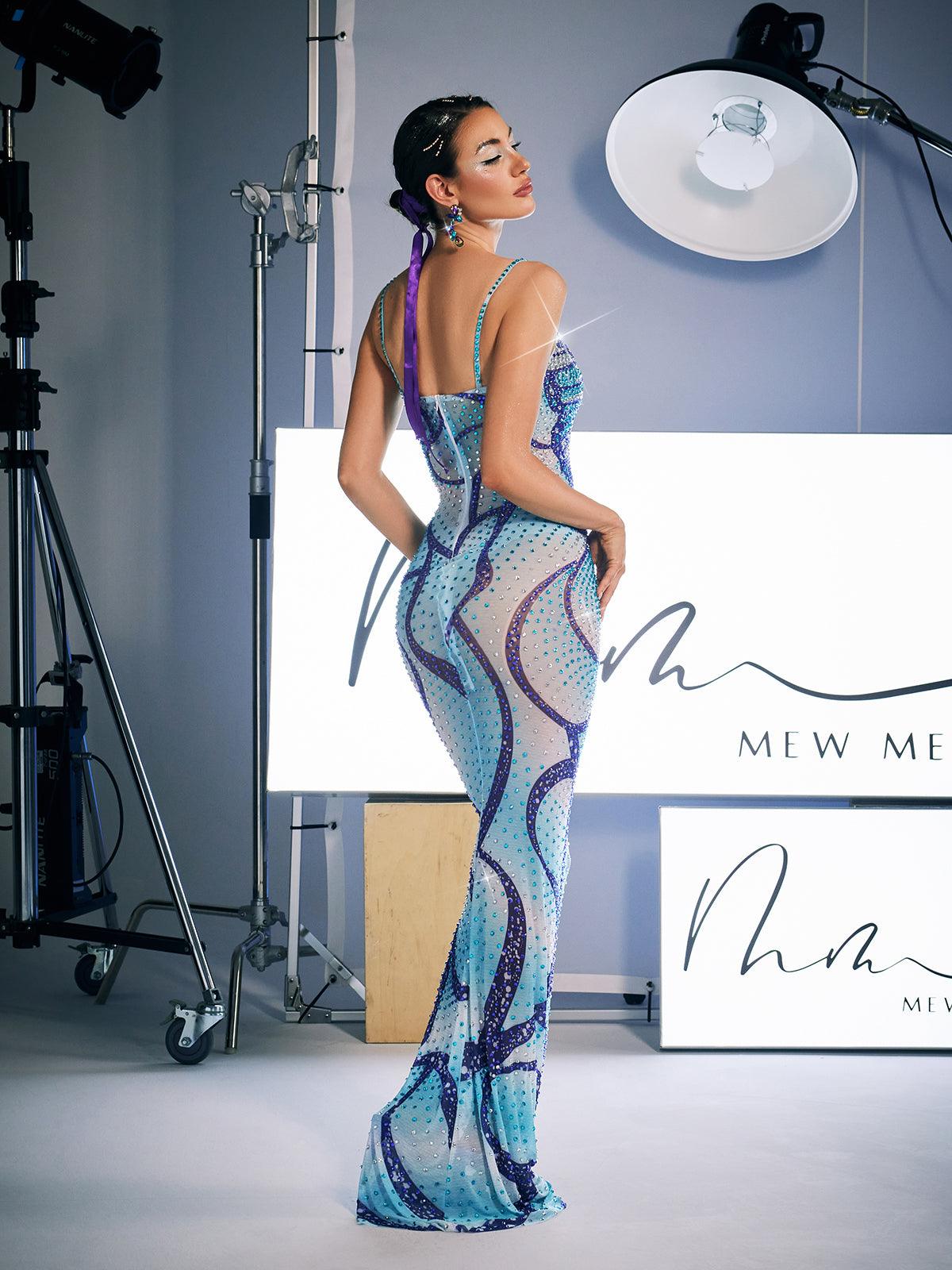 Robe longue à imprimé spaghetti et cristaux 