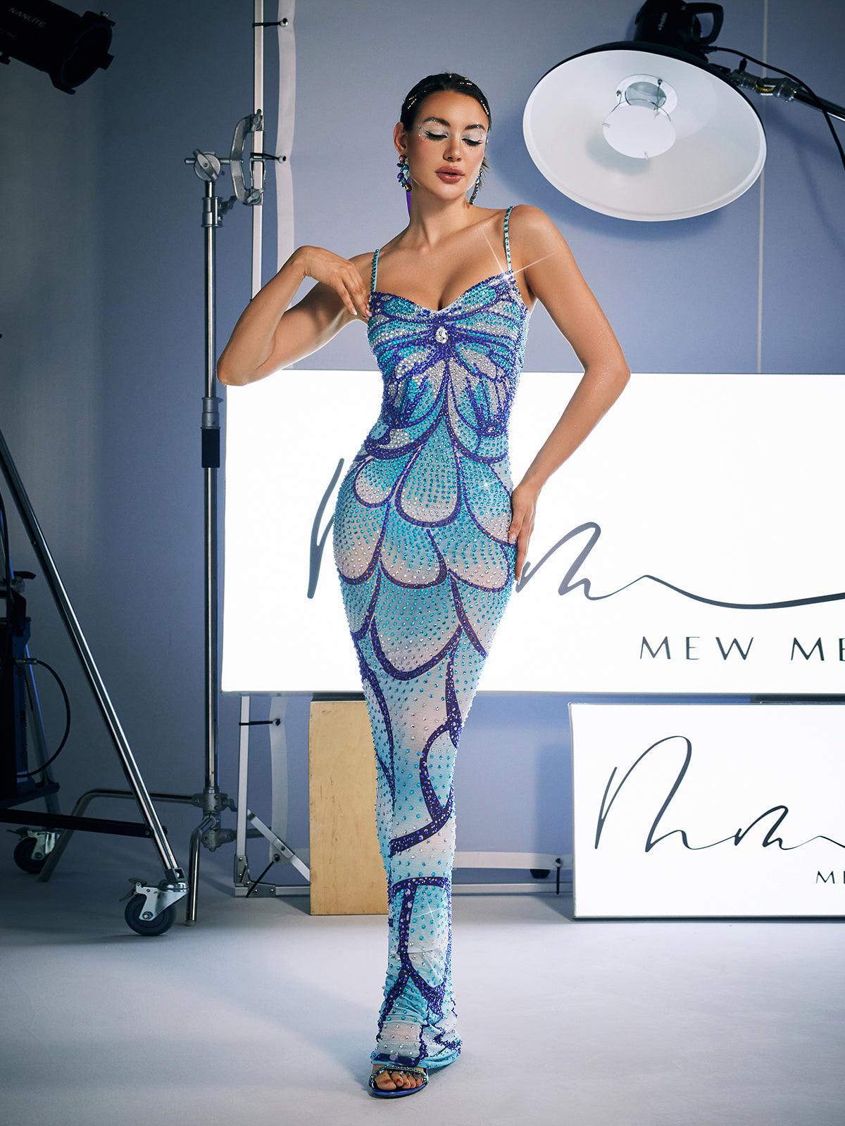 Robe longue à imprimé spaghetti et cristaux 