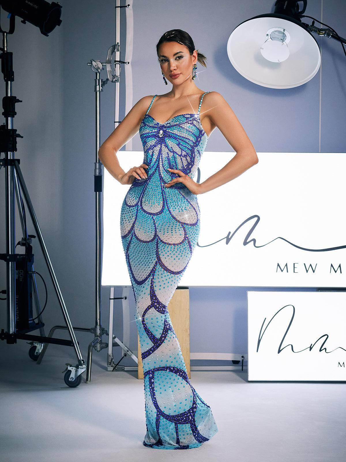 Robe longue à imprimé spaghetti et cristaux 