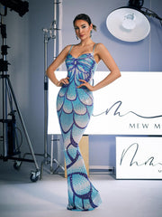 Robe longue à imprimé spaghetti et cristaux 