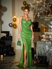 Robe longue bustier fendue en résille strassée 