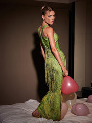 Robe midi verte à franges de cristaux et à fleurs 