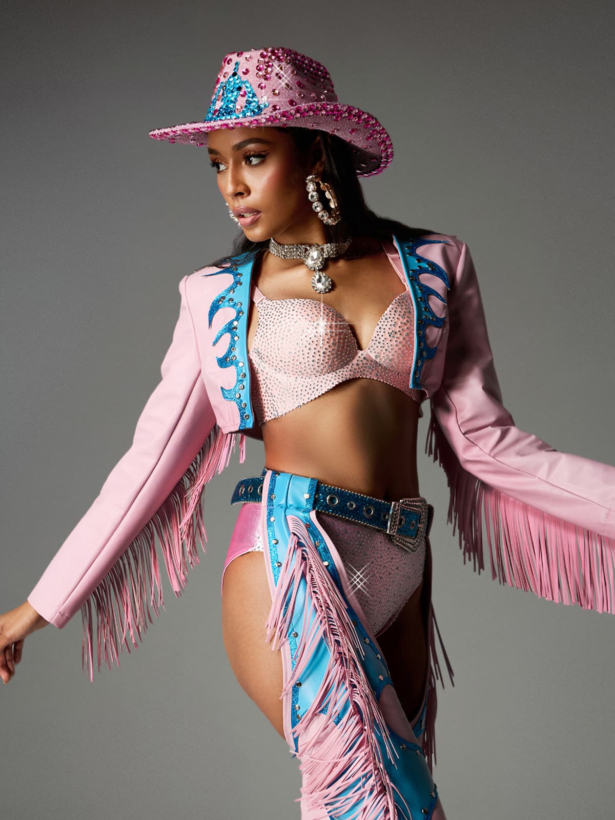 Tenue de cowgirl à franges roses