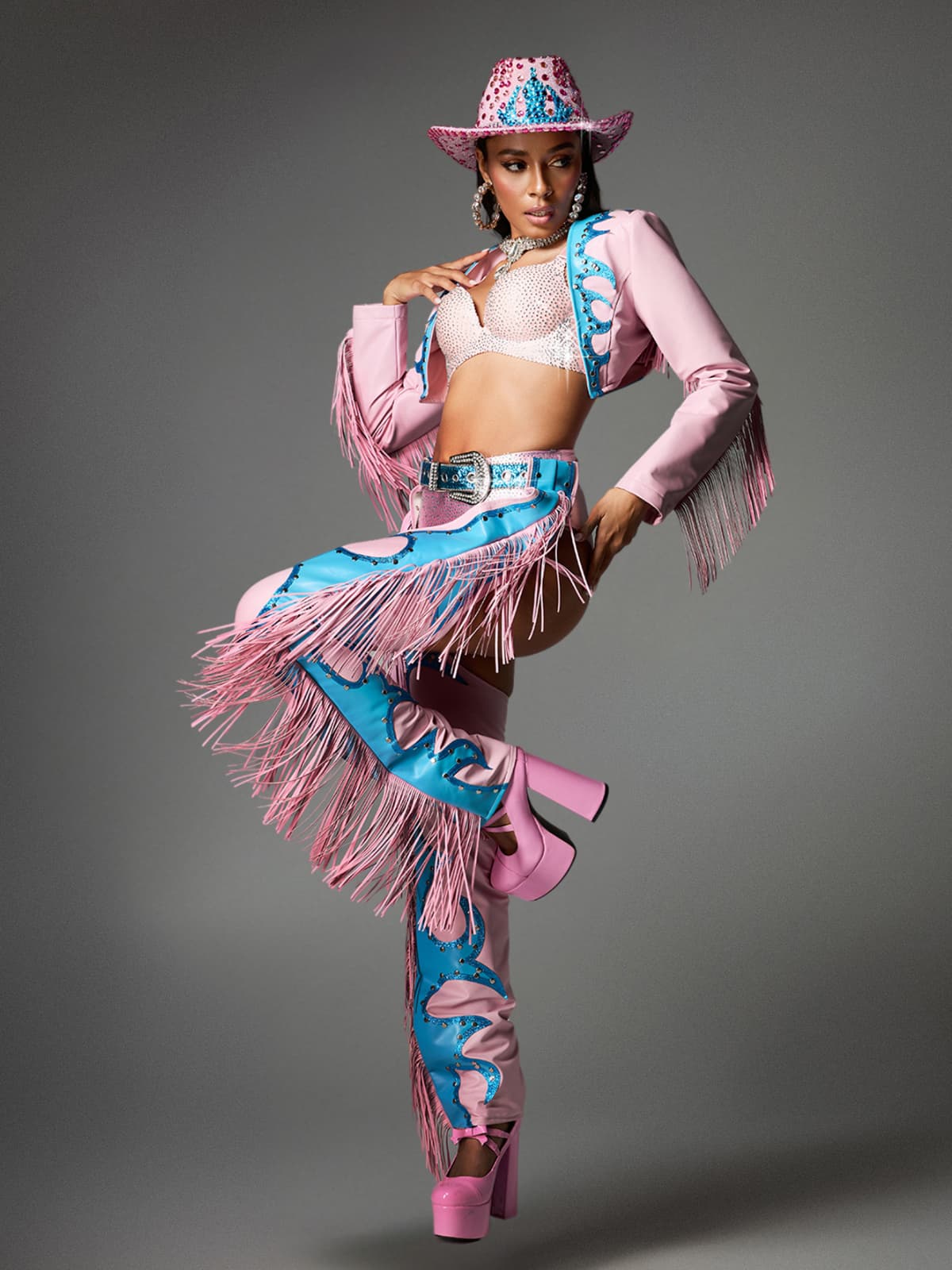 Tenue de cowgirl à franges roses