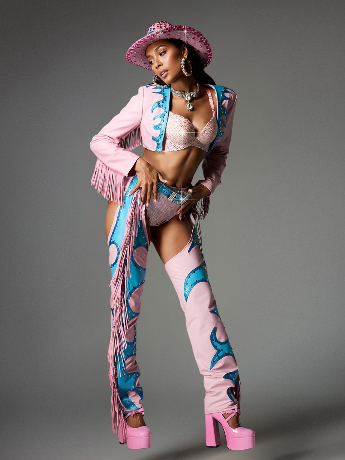 Tenue de cowgirl à franges roses