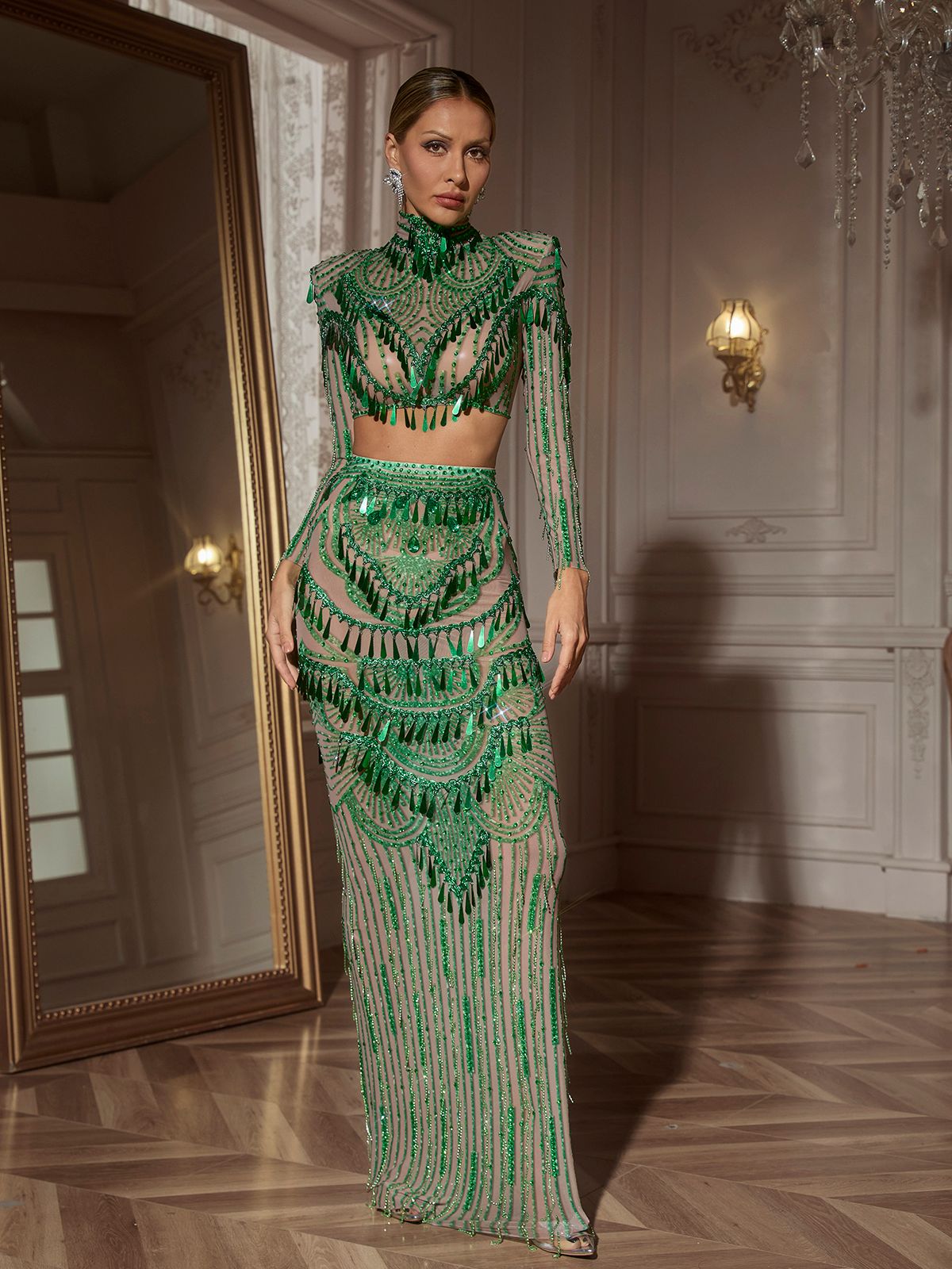 Ensemble jupe à sequins à manches longues 