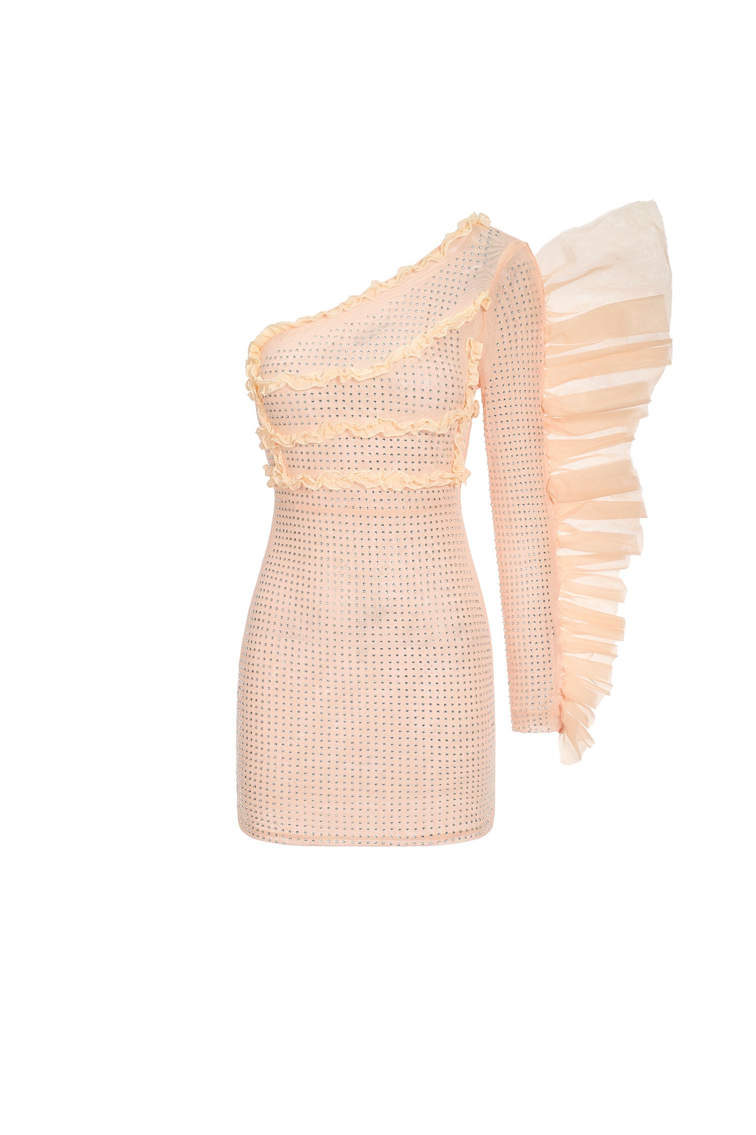 One Sleeve Diamante Ruffled Mini Dress - Beige