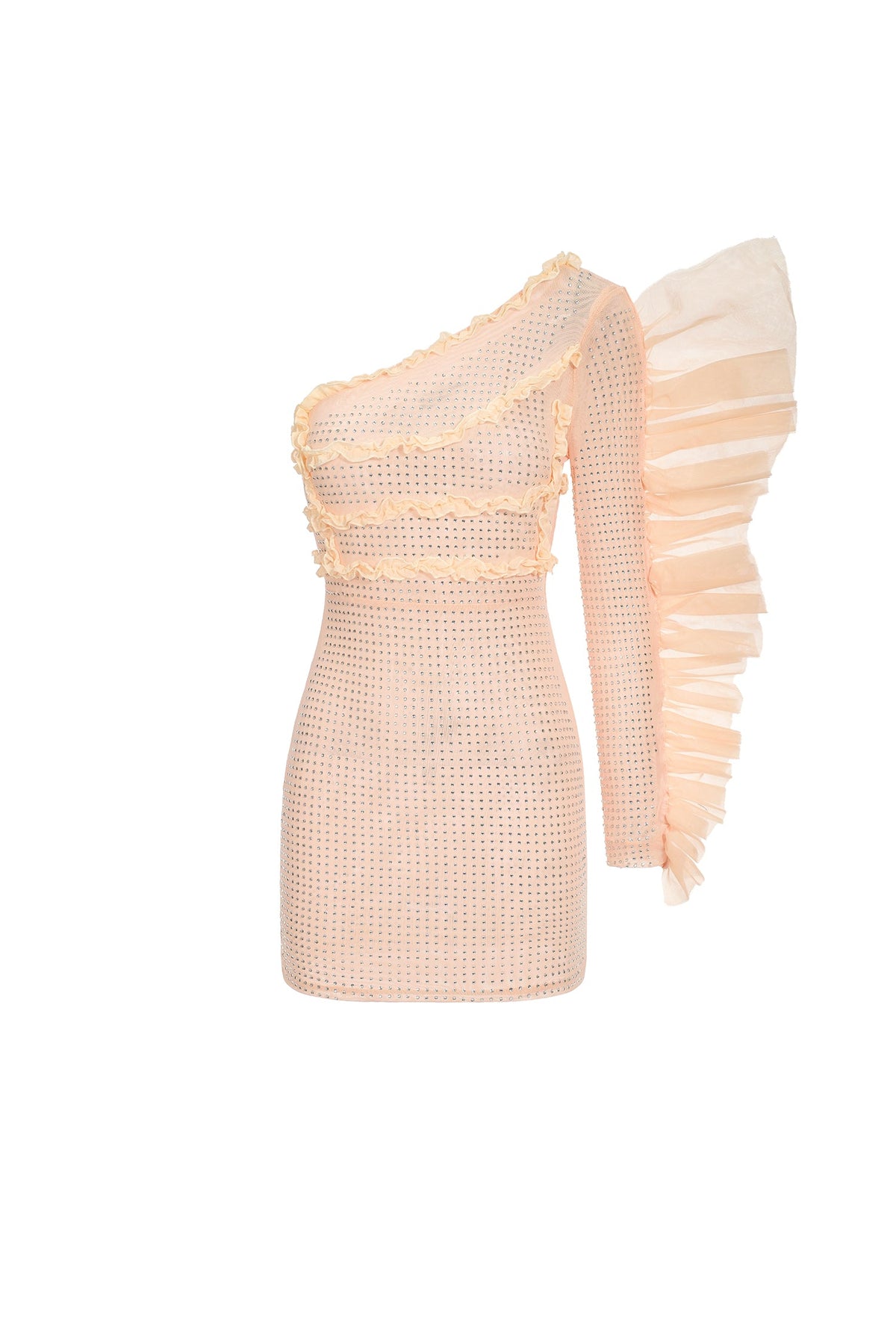 One Sleeve Diamante Ruffled Mini Dress - Beige