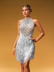 Robe courte à franges argentées 