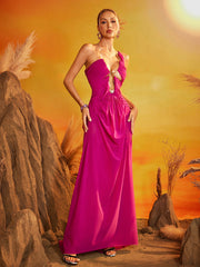 Robe longue froncée à col licou en rose vif 
