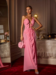 Robe longue froncée à col licou en rose 