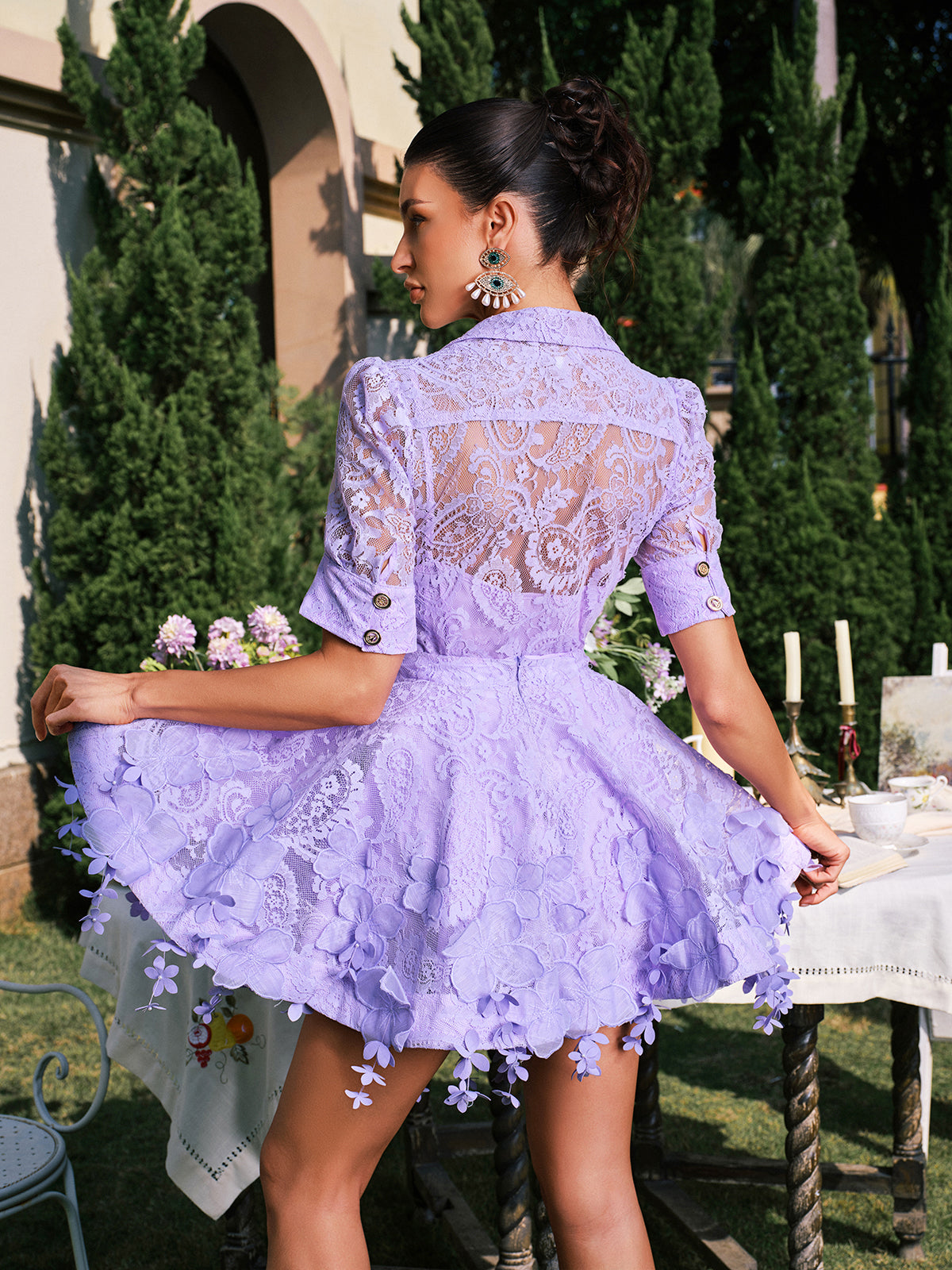 Flower Fringe Skirt Set In Lilac
