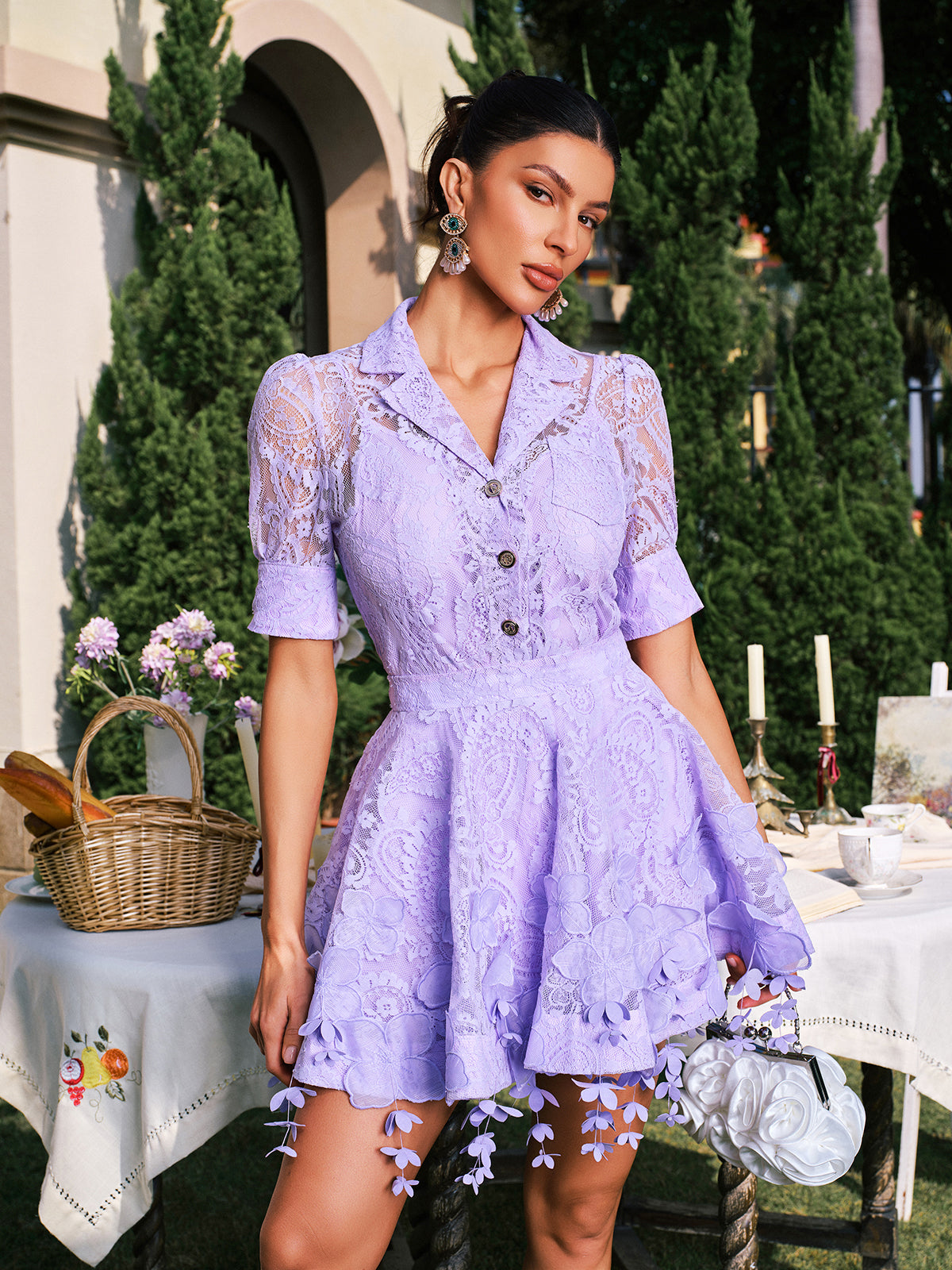 Flower Fringe Skirt Set In Lilac