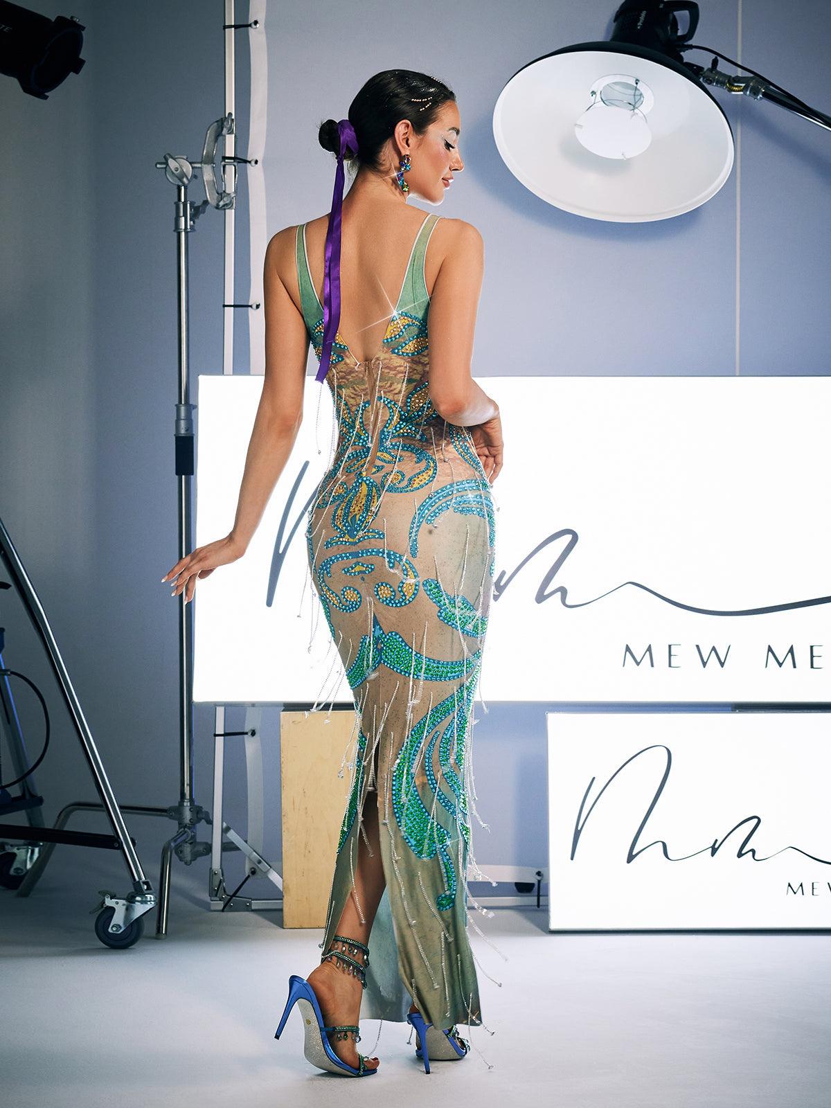 Robe longue à franges de cristaux imprimés 