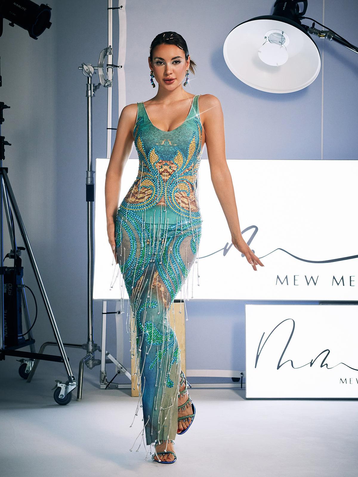 Robe longue à franges de cristaux imprimés 