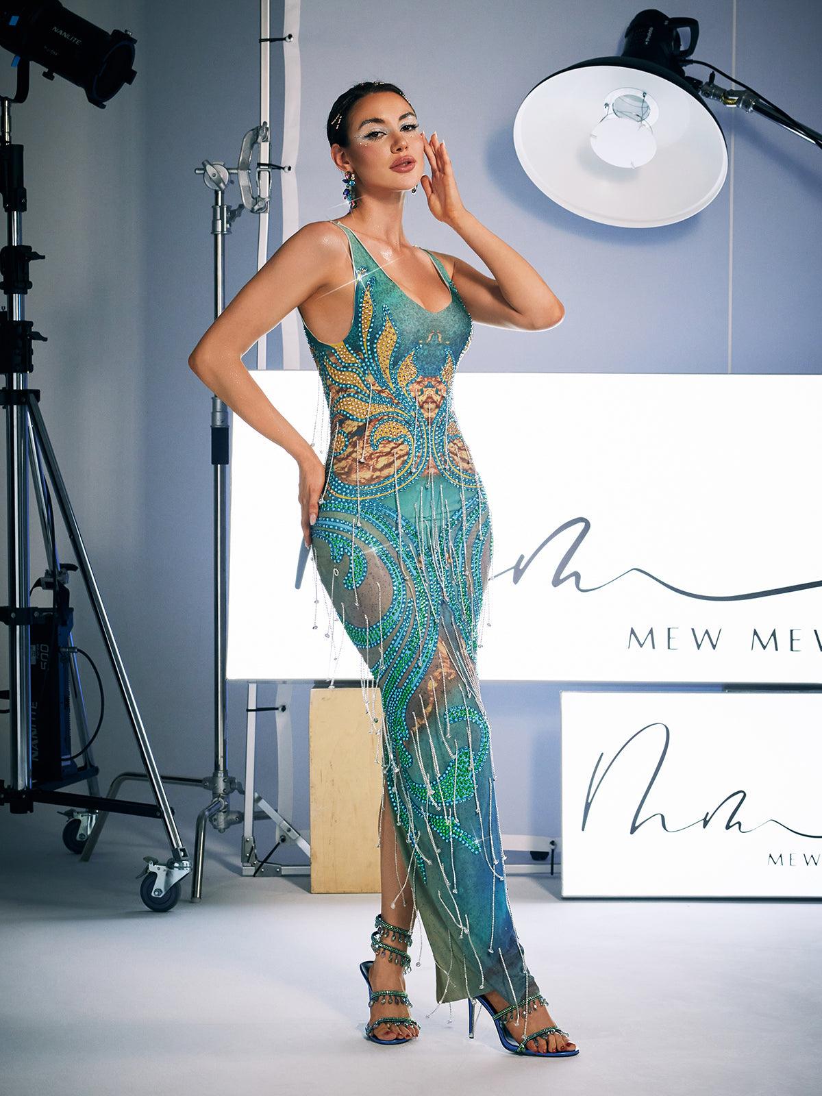 Robe longue à franges de cristaux imprimés 