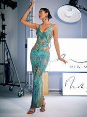 Robe longue à franges de cristaux imprimés 