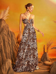 Robe longue à lacets imprimé léopard ajouré 