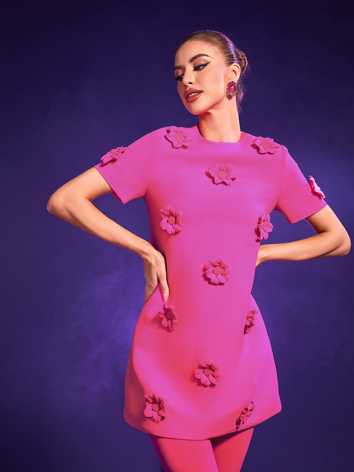 Short Sleeve Floral Embellished Mini Dress