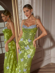 Robe longue papillon à strass et sequins 