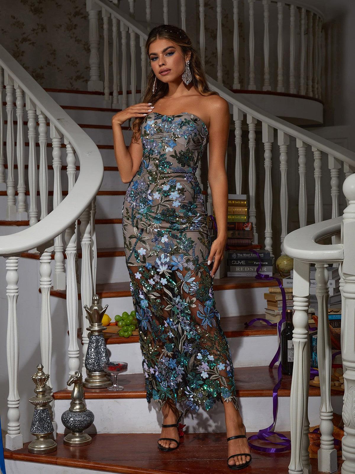 Flower Embroidered Sequin Midi Dress