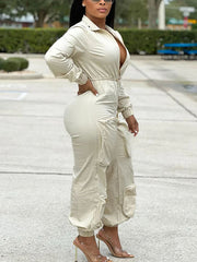 Deep V Zipper Drawstring Pocket Jumpsuits