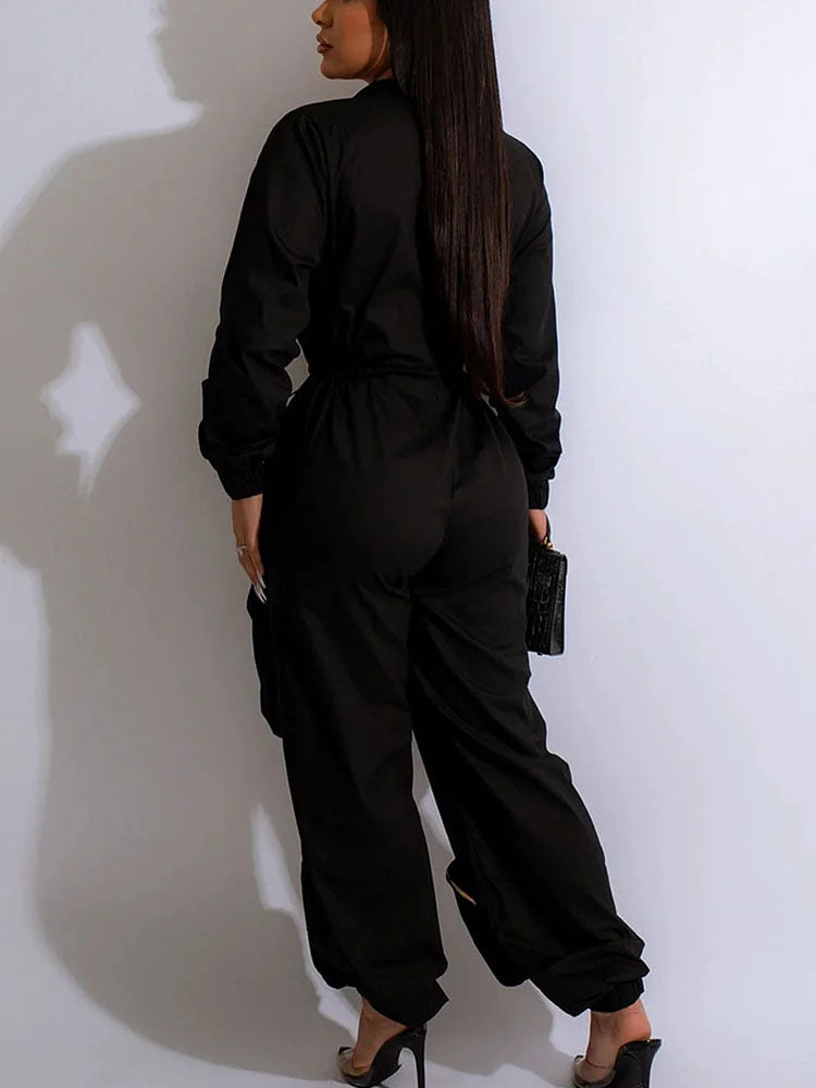 Deep V Zipper Drawstring Pocket Jumpsuits