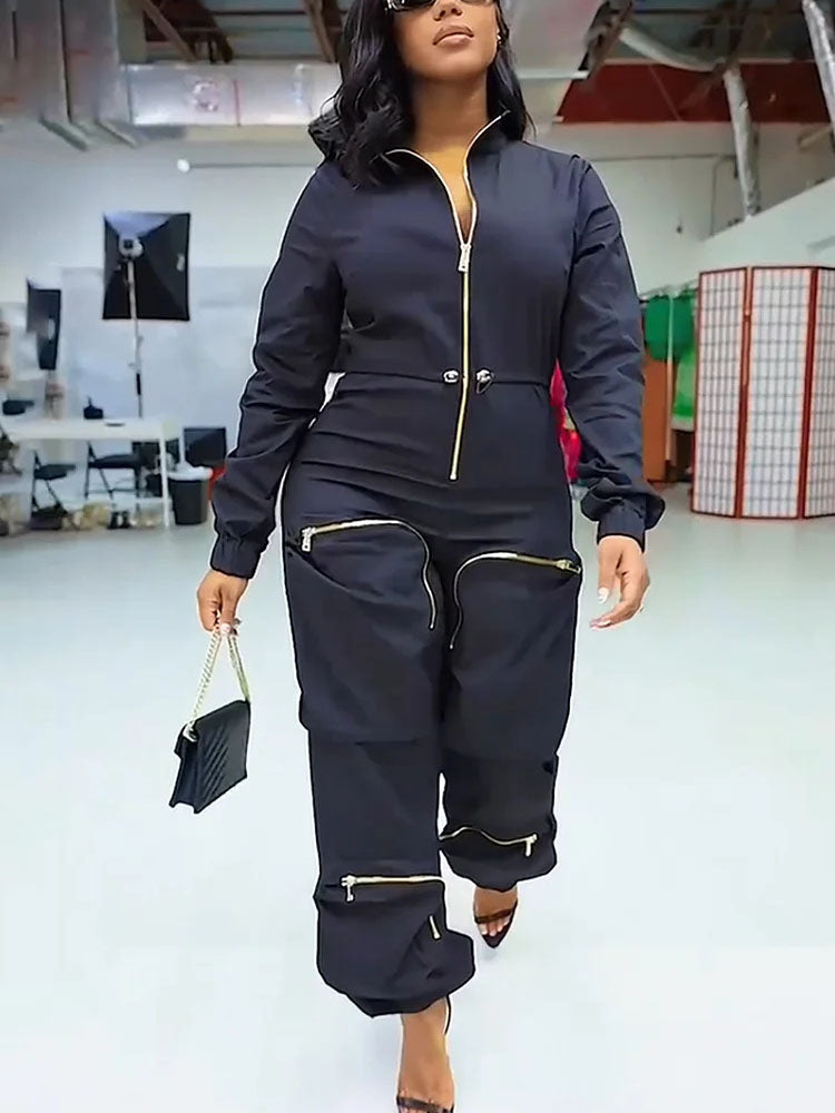 Deep V Zipper Drawstring Pocket Jumpsuits