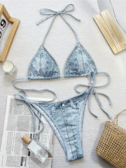 Denim Printed Halter Strappy High Cut Bikini Two-pieces Bikini Set