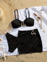 Detachable Strap Bikini Set 3-Piece Solid Color Swimsuit with Metal Accents & High Slit Bodycon Sundress