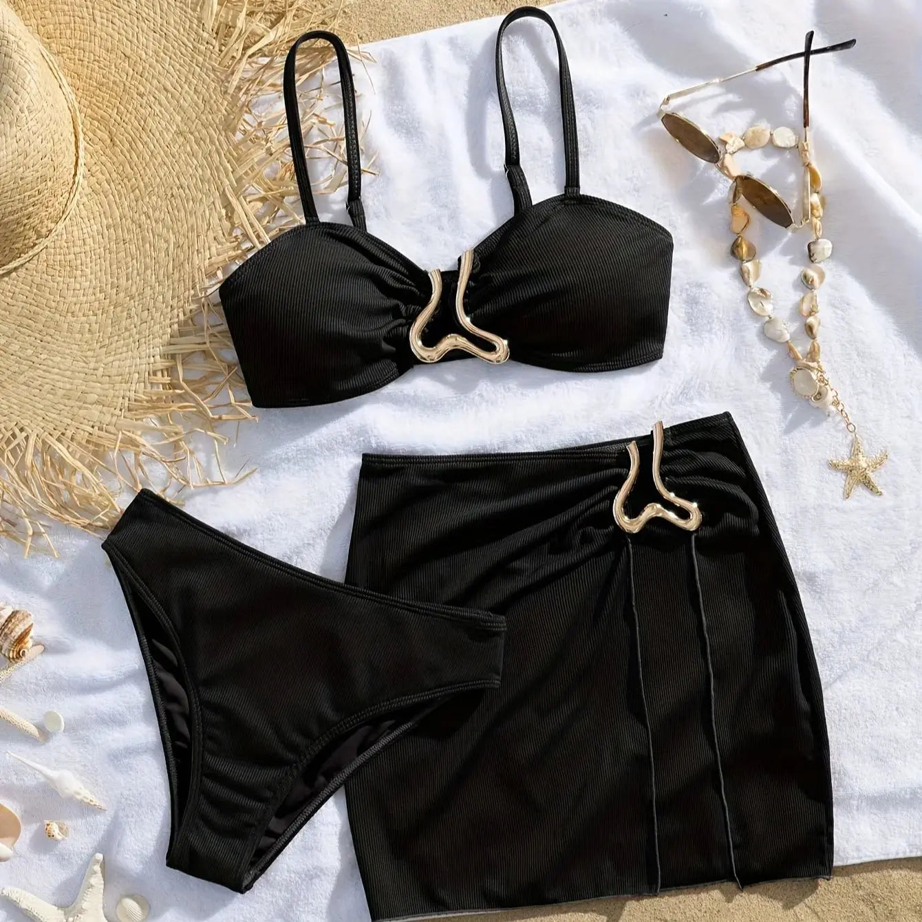 Detachable Strap Bikini Set 3-Piece Solid Color Swimsuit with Metal Accents & High Slit Bodycon Sundress