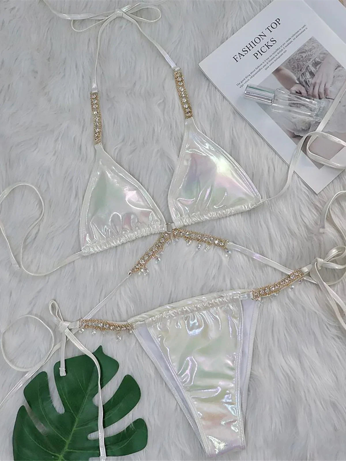 Diamond Rhinestones PU Faux Leather Bikini Two-pieces Bikini Set