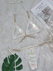Diamond Rhinestones PU Faux Leather Bikini Two-pieces Bikini Set