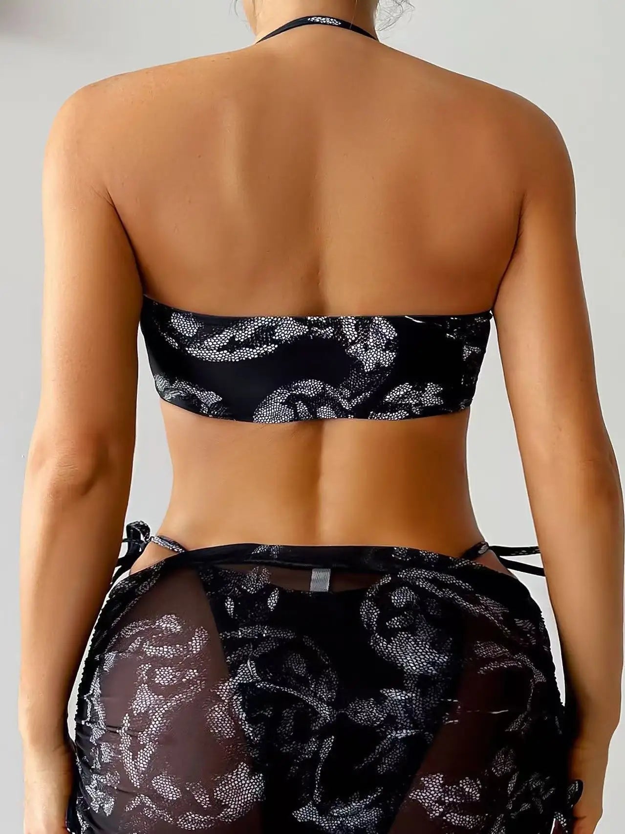 Ditsy Floral Bikini Set with Cover Up Backless & Tiered, Boho Dress Mesh See Through Lace Up Dress