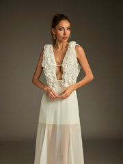 Robe midi en maille à décolleté plongeant et volants 