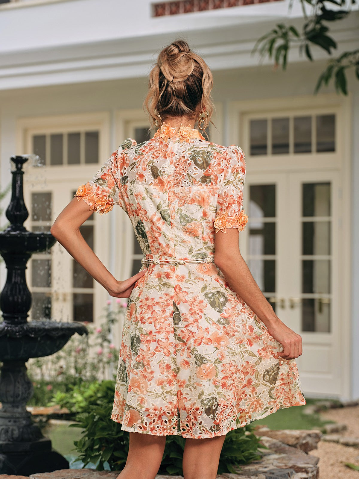 Short Sleeve Flower Mini Dress