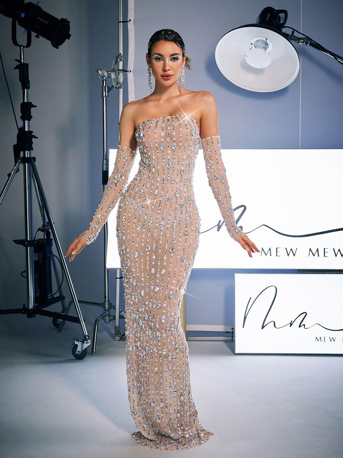 Robe longue bustier à strass avec gants 