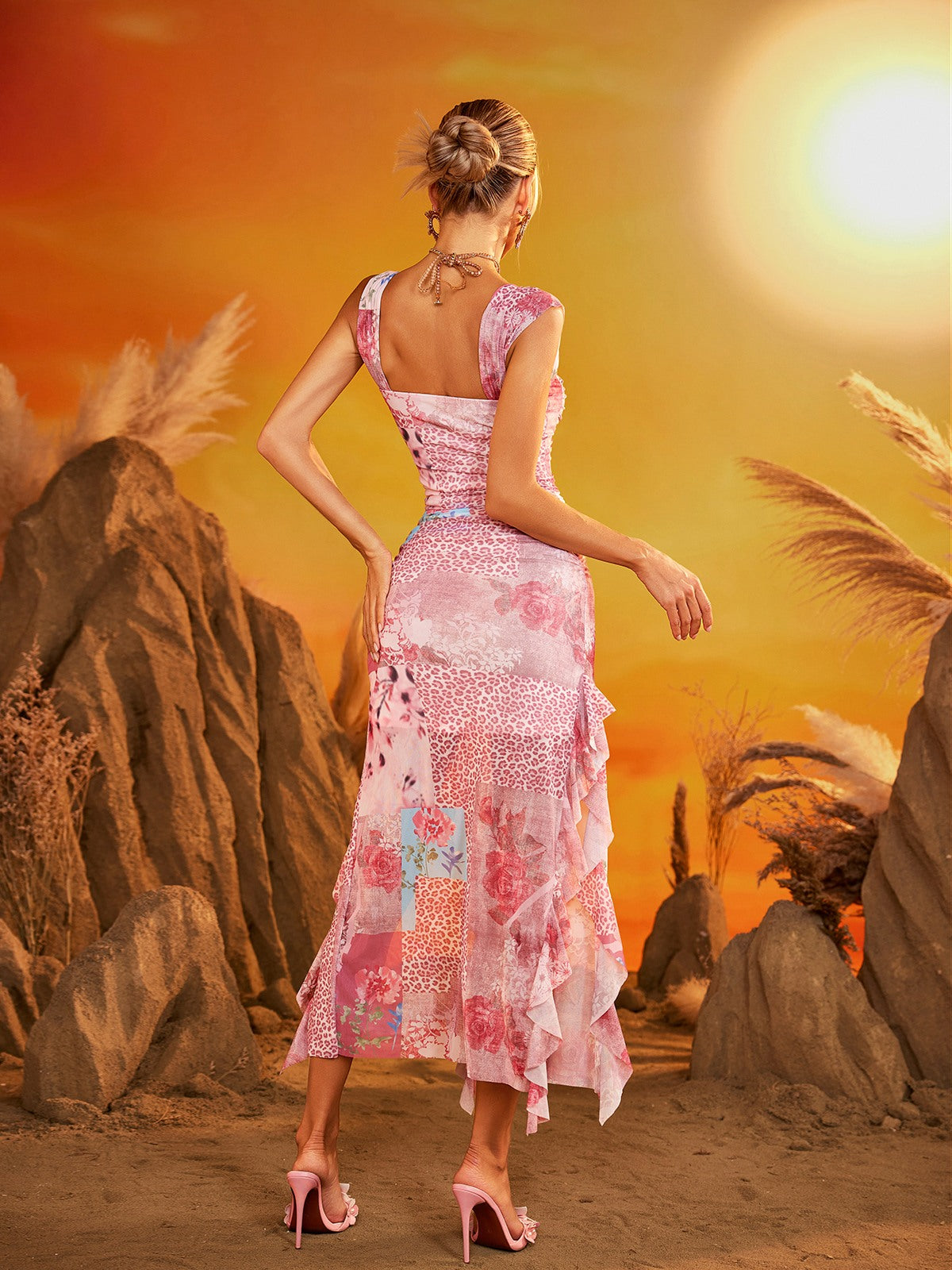 Robe midi fendue à imprimé floral léopard froncée 