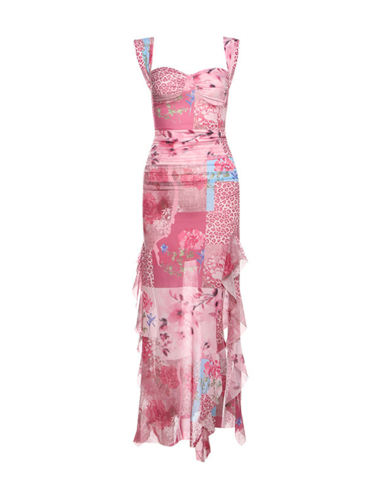 Robe midi fendue à imprimé floral léopard froncée 