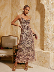 Robe midi à bretelles fines léopard marron 