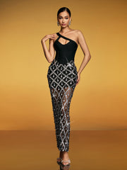 Robe longue fendue à paillettes et cristaux 