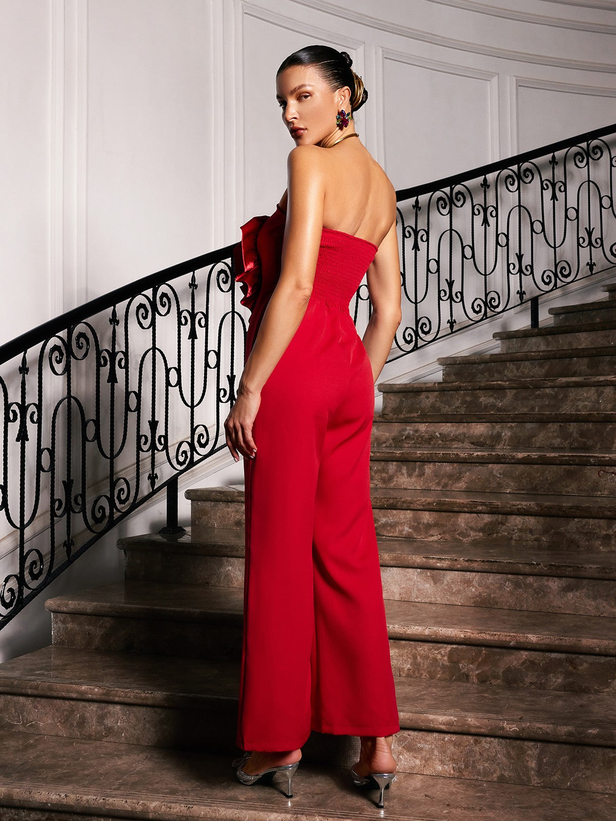 Strapless Flower Jumpsuit In Red