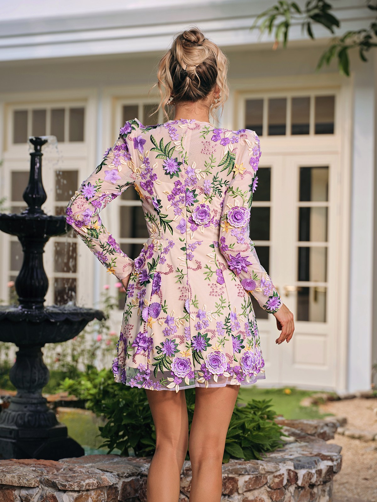 Flower Embroidered Mini Dress In Purple