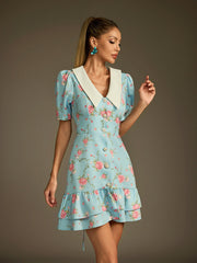 V Neck Lace Up Floral Dress In Sky