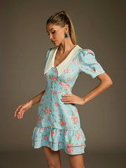 V Neck Lace Up Floral Dress In Sky