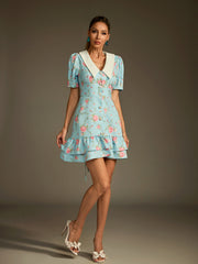 V Neck Lace Up Floral Dress In Sky