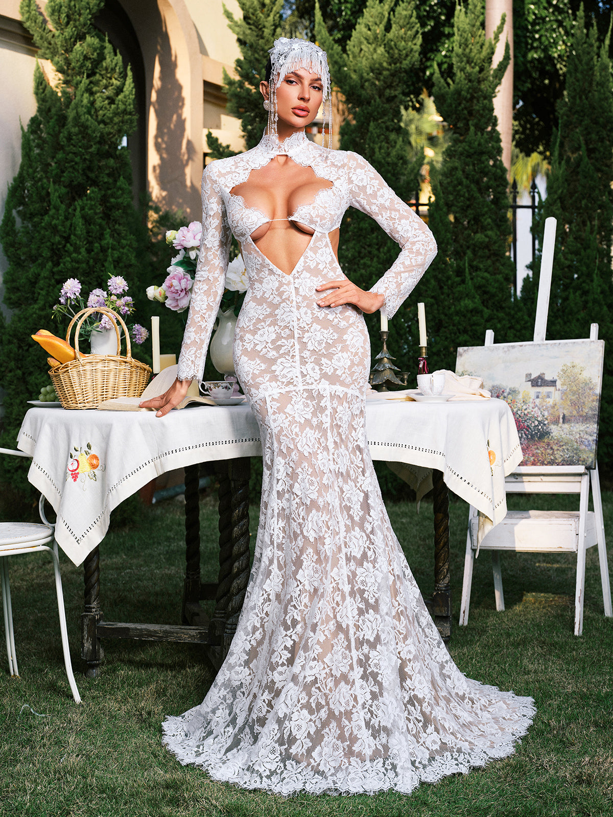 Long Sleeve Flower Cutout Lace Maxi Dress